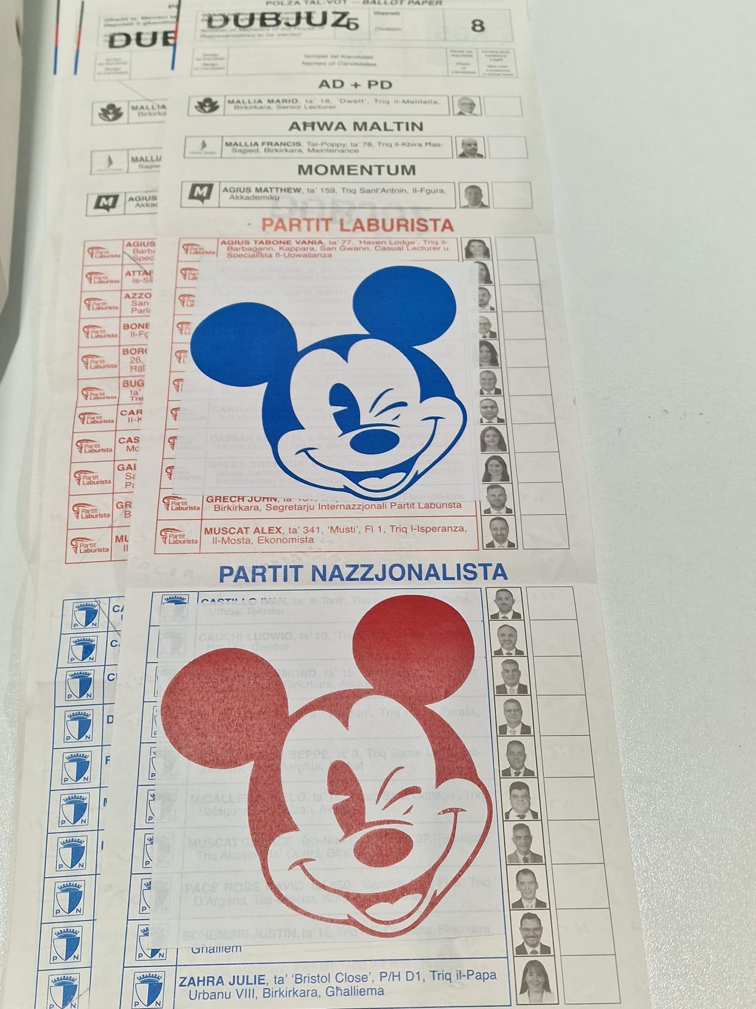 This voter glued two cut-outs of Mickey Mouse's head onto the ballot.