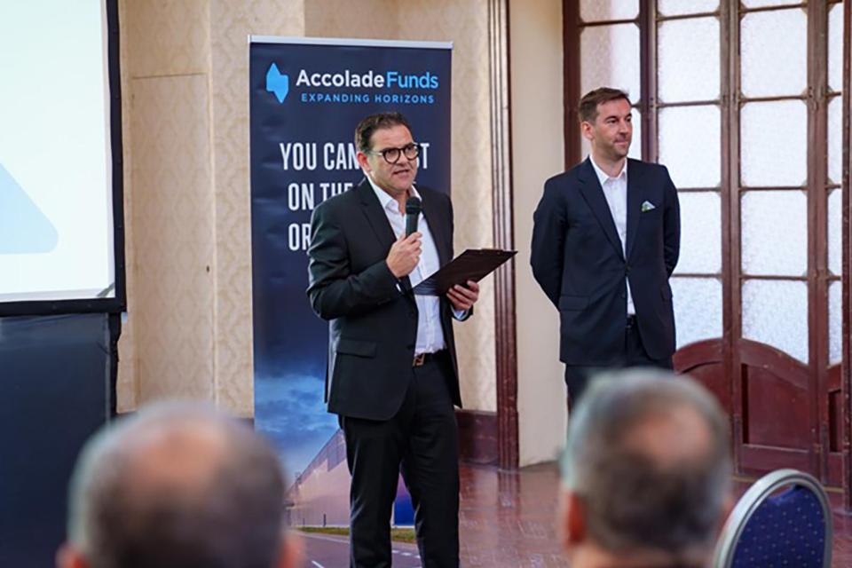Chris Casapinta (left) and Milan Kratina addressing guests at the investor briefing.