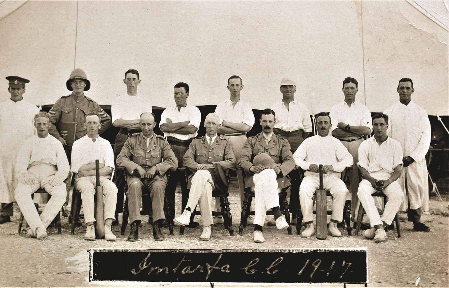 Convalescent patients from Mtarfa hospital formed cricket teams during World War I, as in this 1917 postcard.
