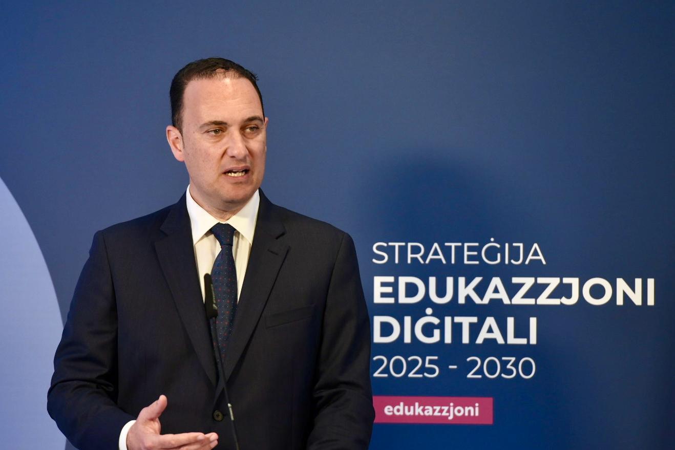 Education Minister Clifton Grima announcing the 2025-2030 Digital Education Strategy. Photo: Chris Sant Fournier