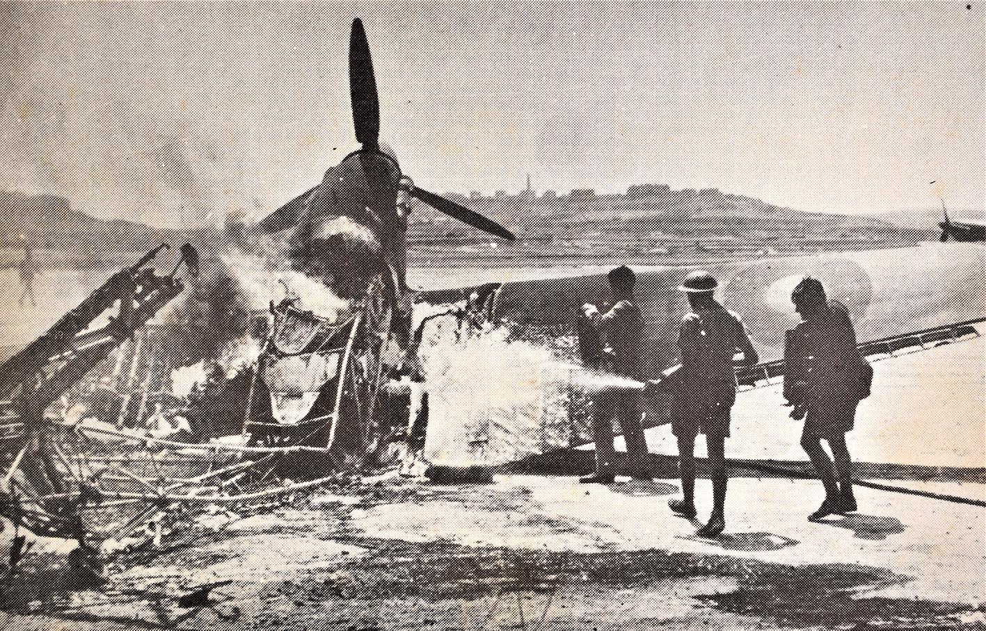 A Hurricane aircraft on fire at Ta’ Qali airport during World War II.