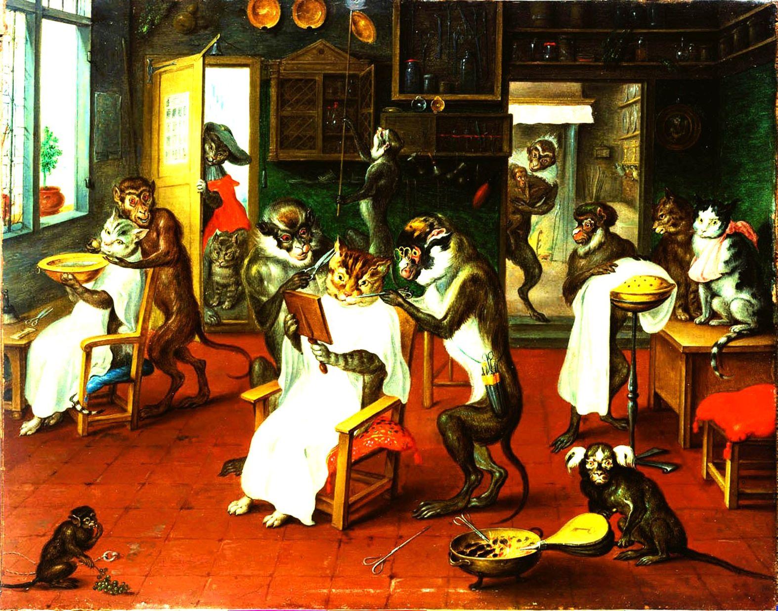 <em>Barber&rsquo;s Shop, Run by Monkeys for Cats</em> by Abraham Teniers (17th century)