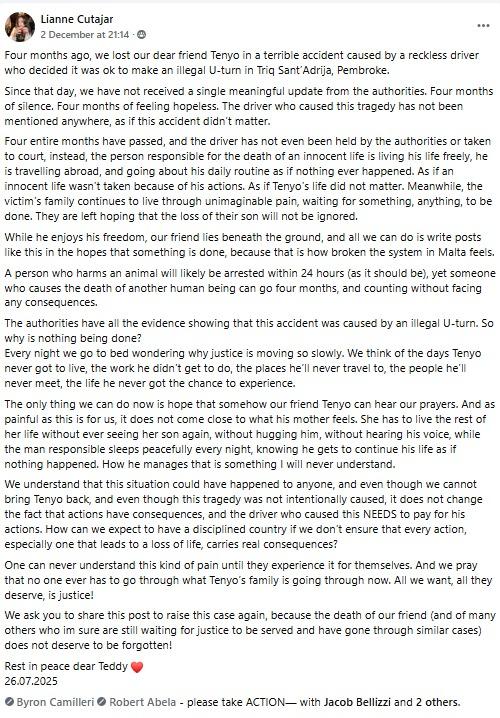 Lianne Cutajar's Facebook post.