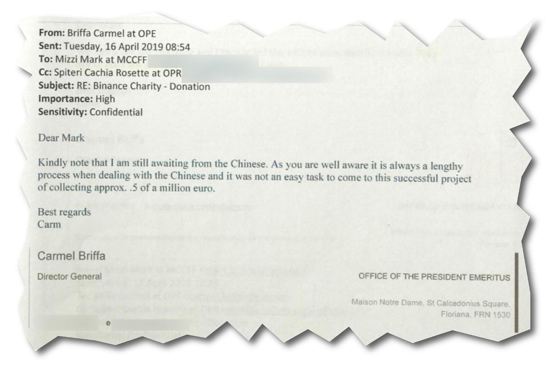 An aide to ex-president Marie-Louise Coleiro Preca awaiting updates from &lsquo;the Chinese&rsquo; about the donation.
