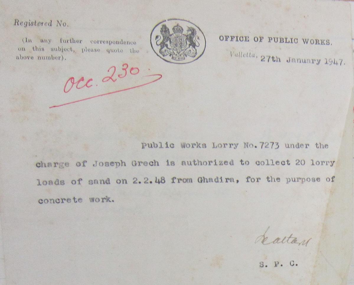 Another permit issued to Joseph Grech, this time to take 20 truckloads of sand from Għadira for the manufacture of cement. Photo: National Archives of Malta