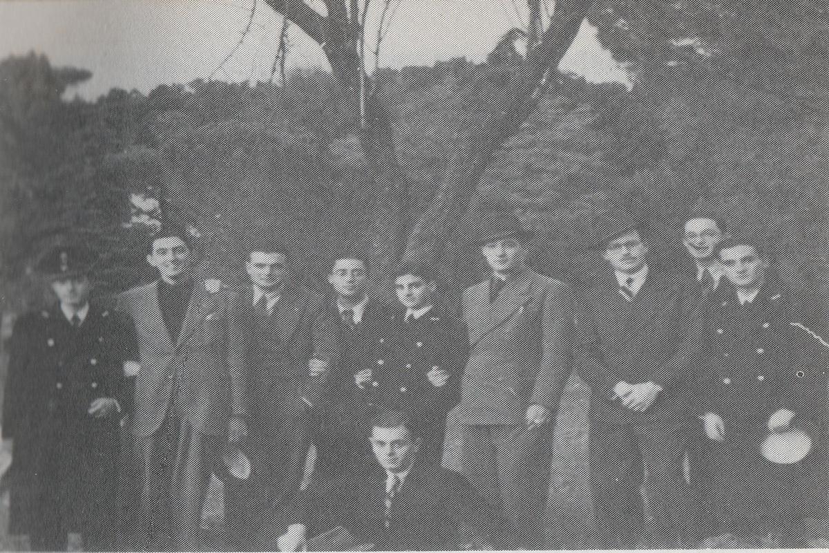 At the public park of Pincio, Rome (from left): Camillo Bonanno, Carmelo Leone Ganado, Carmelo Borg Pisani, Willie Apap (seated) and V. Diacono, with unidentified individuals. Photo: Laurence Mizzi, Għal Ħolma ta&rsquo; Ħajtu