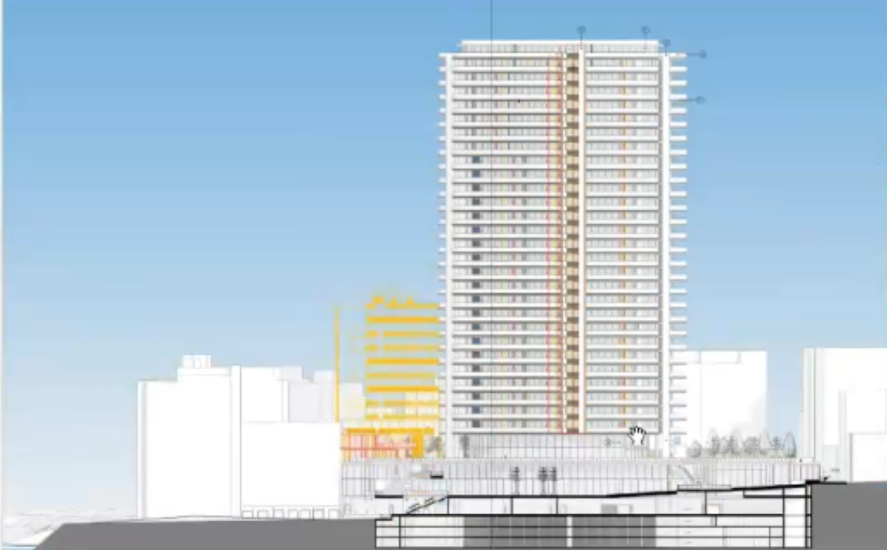 The hotel (yellow) will be replaced by the originally proposed pavilion (red). Photo: Screenshot from architect presentation to Planning Board.