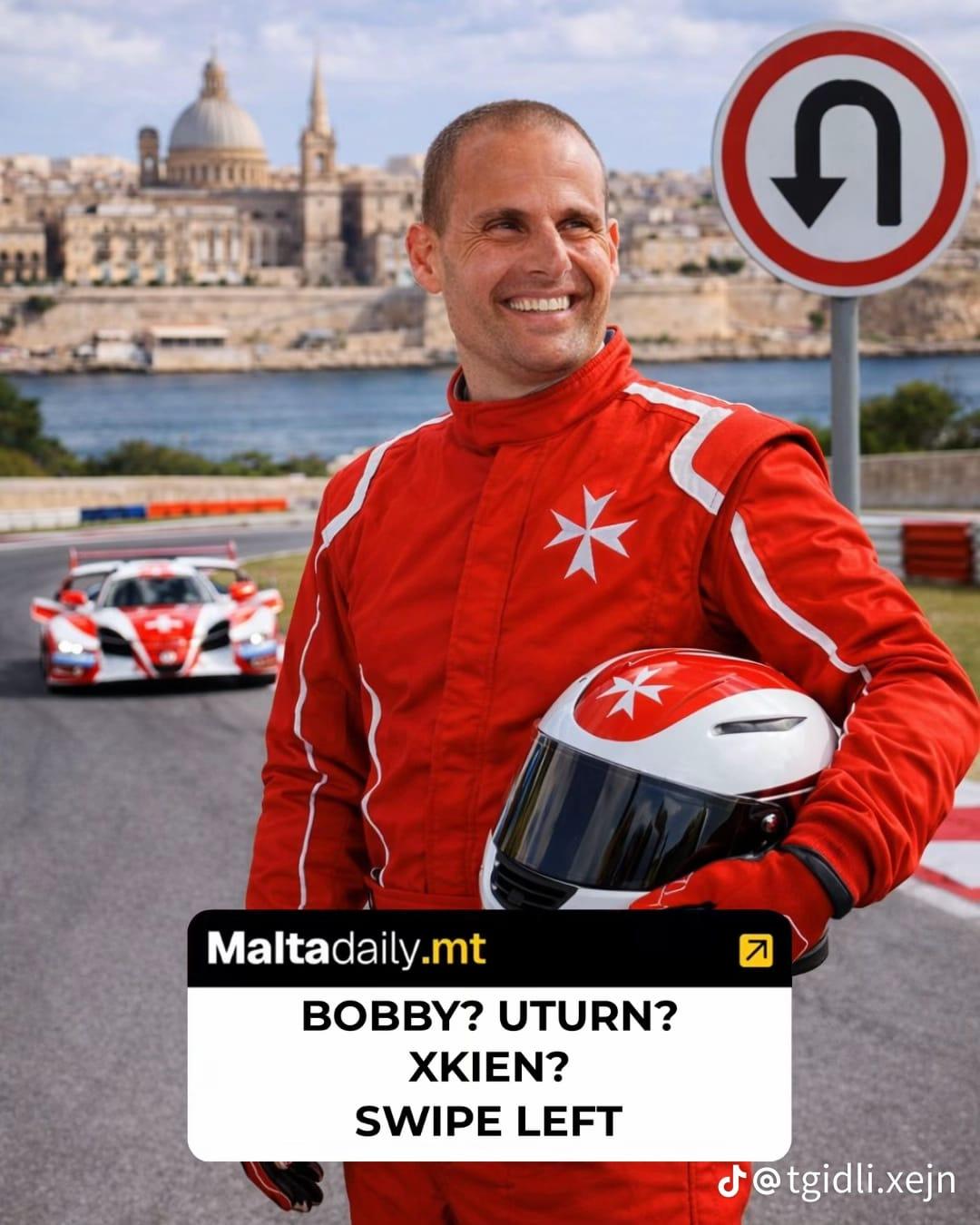 Robert Abela pictured as a racecar driver in an AI-generated mock-up.