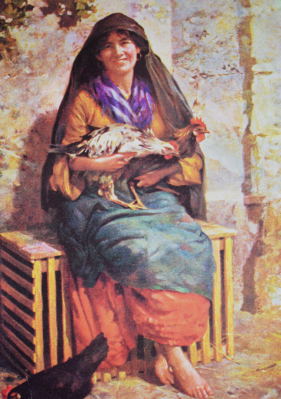 'Live Chicken Vendor', by Caruana Dingli. A 1970s postcard by Perfecta