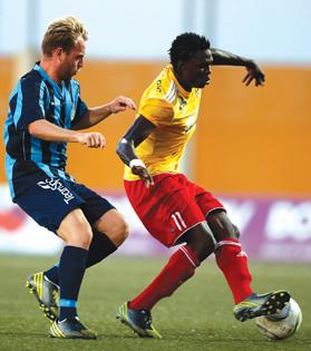 Birkirkara striker Shola Haruna is closely marked by Paltemio Barbetti. Photo: Darrin Zammit Lupi