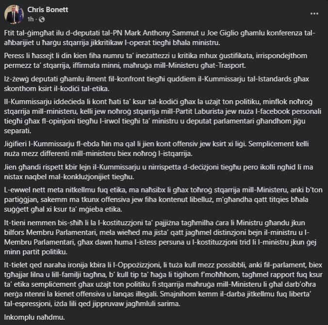 Transport Minister Chris Bonett's post on Wednesday. Photo: Facebook