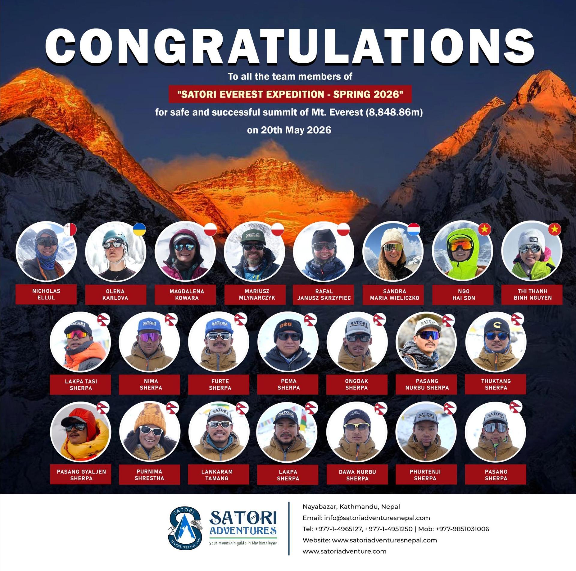 Ellul is the first climber listed in the group that managed to summit Everest on May 20 Photo: Satori Adeventures