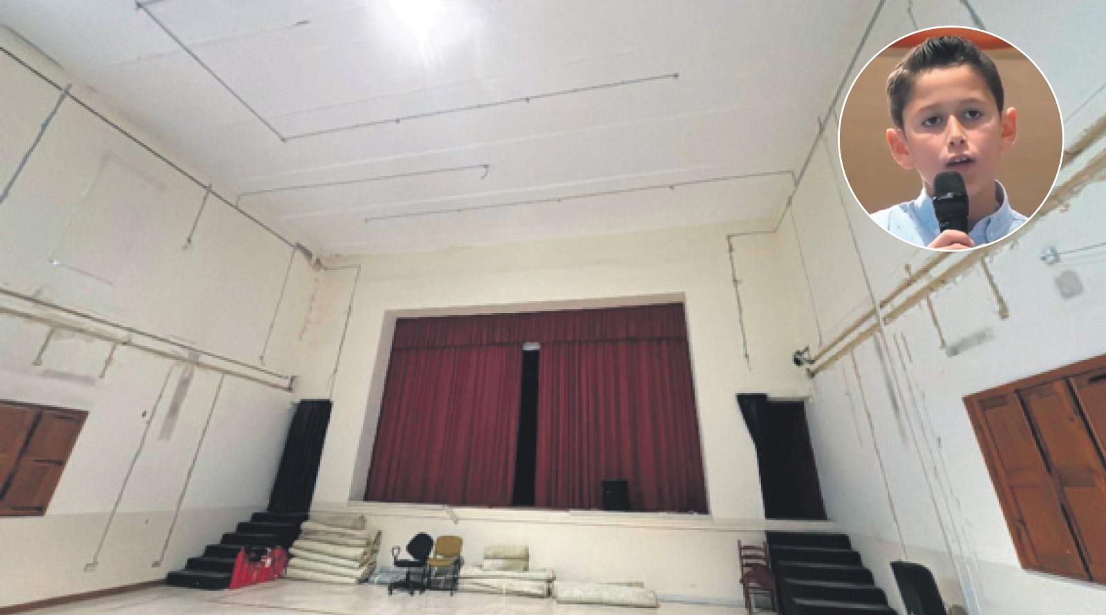 Photo of the hall at the school showing it in need of maintenance. Inset: Adam, the pupil who raised the concerns on television. Photo: ONE