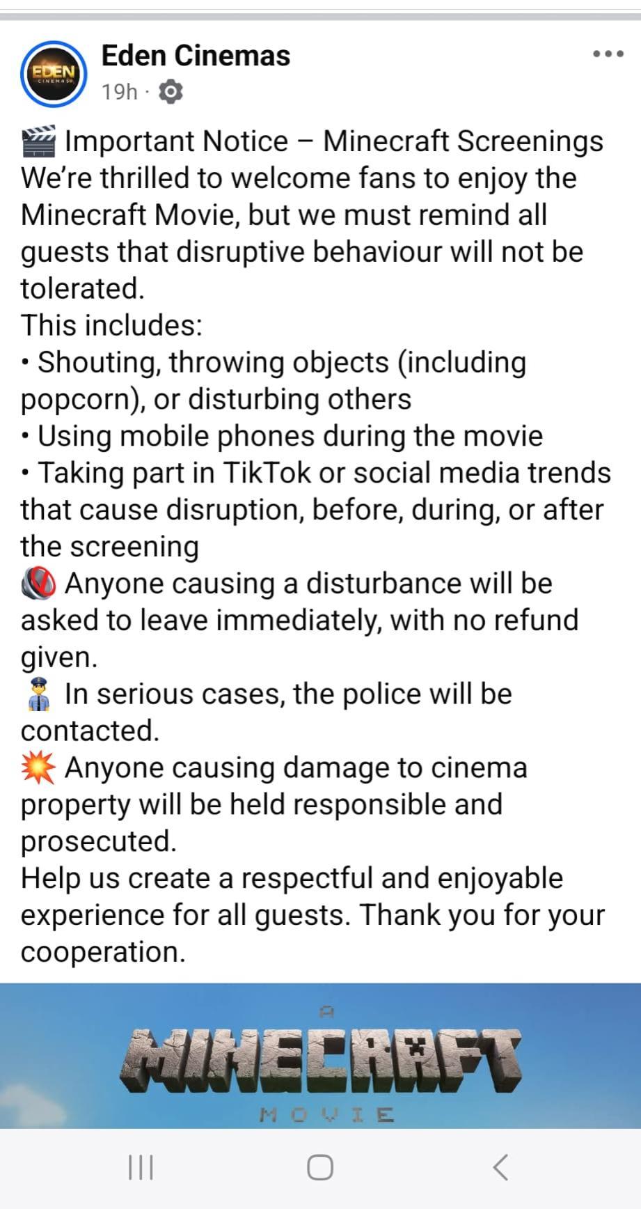The post on Eden Cinema's Facebook page. Photo: Facebook