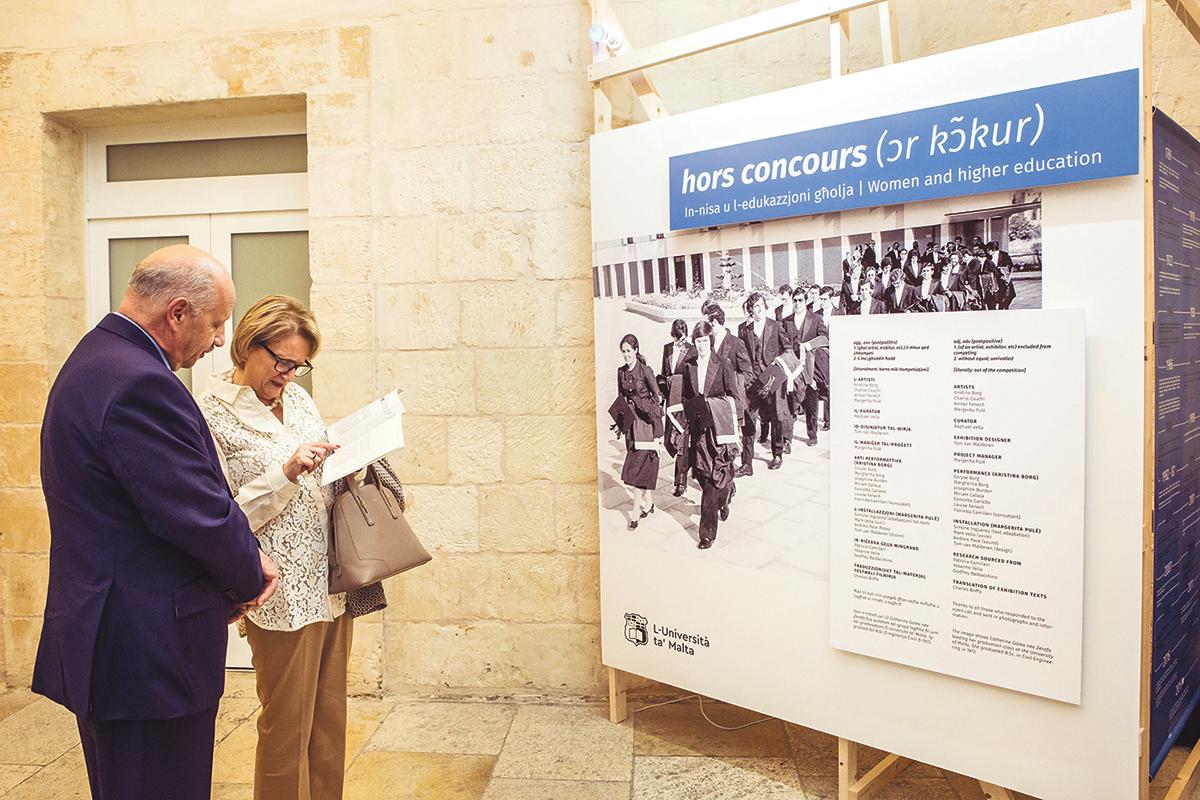 Rector Professor Alfred Vella in front of the exhibition&rsquo;s welcome panel.