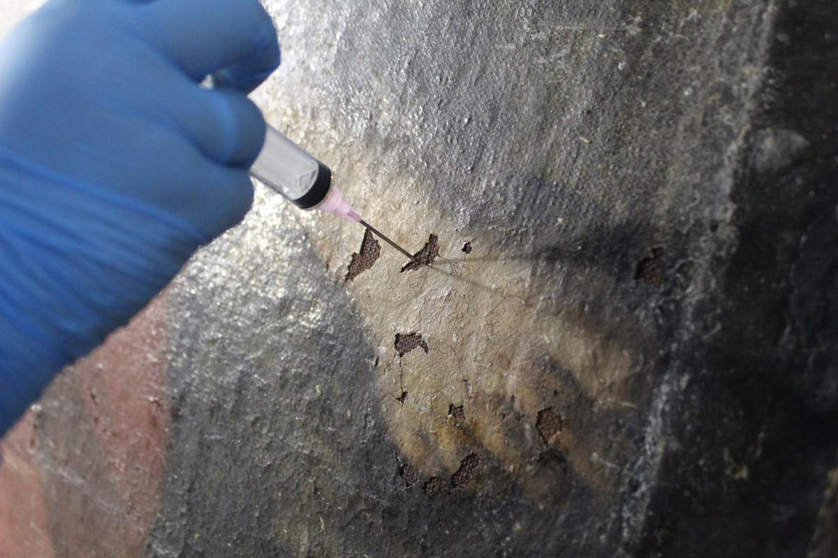 Details from the Our lady of Graces altarpiece taken during the initial stages of conservation and showing the poor state in which it was found. Photo: ASC Conservation Centre Ltd