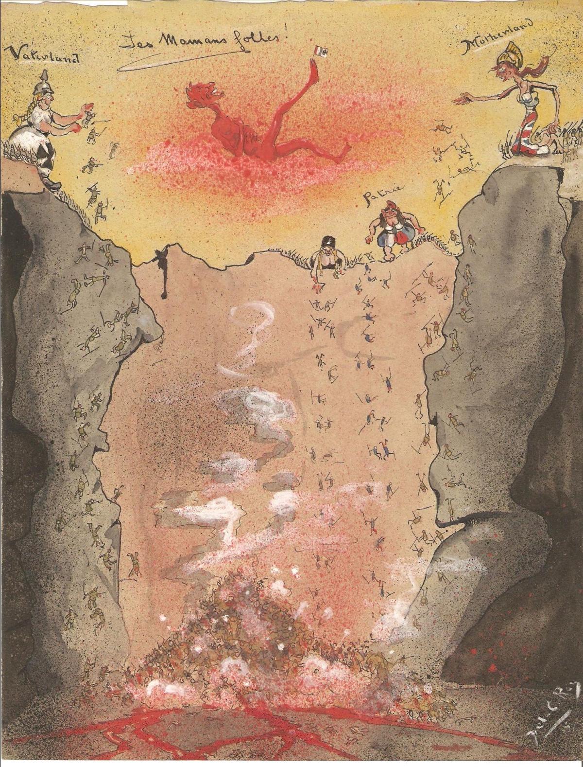 One of Denton de la Cour Ray&rsquo;s many anti-war cartoons, The Crazy Motherlands, depicting the pathos and futility of life in the trenches during World War I.
