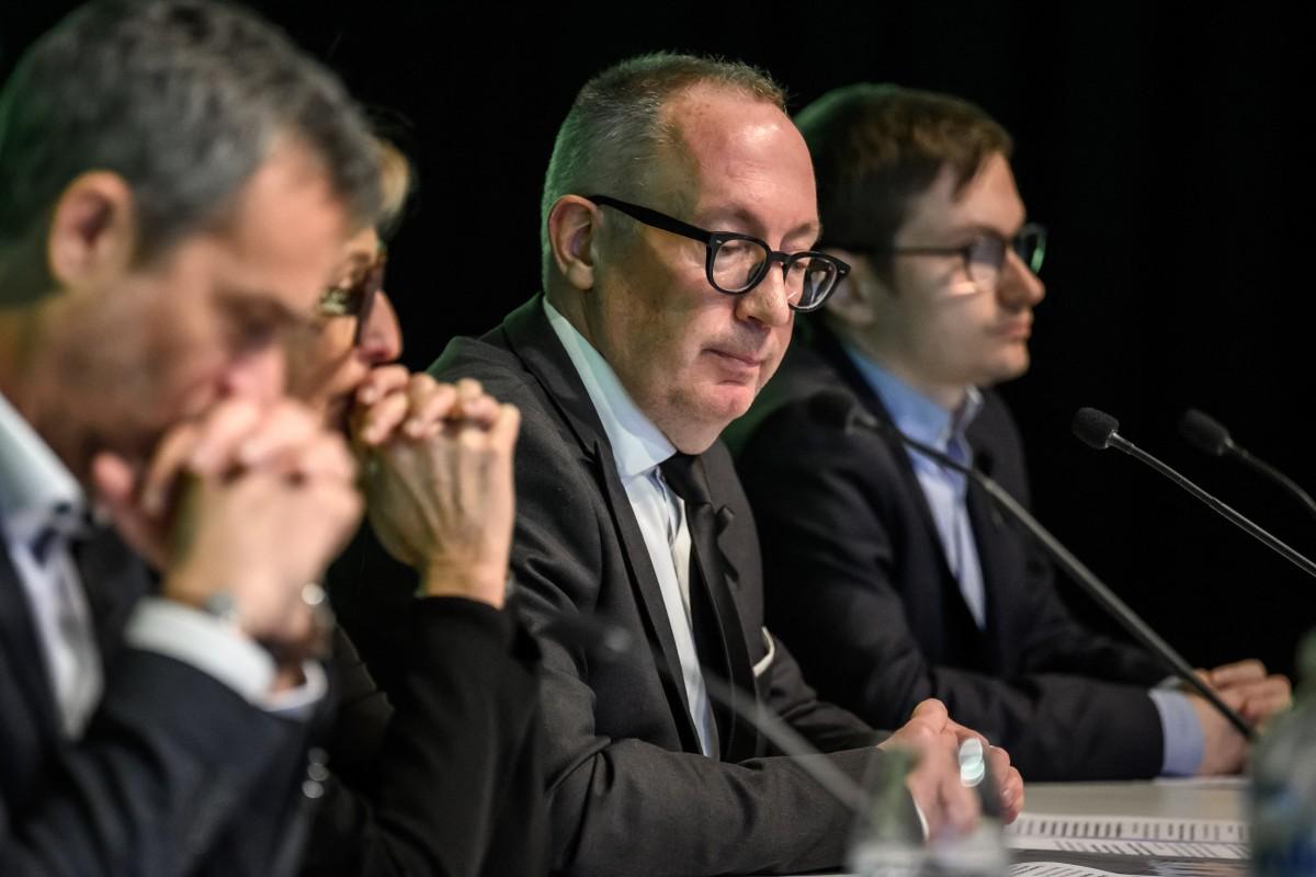 Members of the Crans-Montana city council Fran&ccedil;ois Berclaz, vice Mayor Nicole Bonvin Clivaz, Mayor Nicolas Feraud and Patrick Clivaz attend a press conference by the city council of the resort of Crans-Montana on January 6, 2026. Photo:AFP