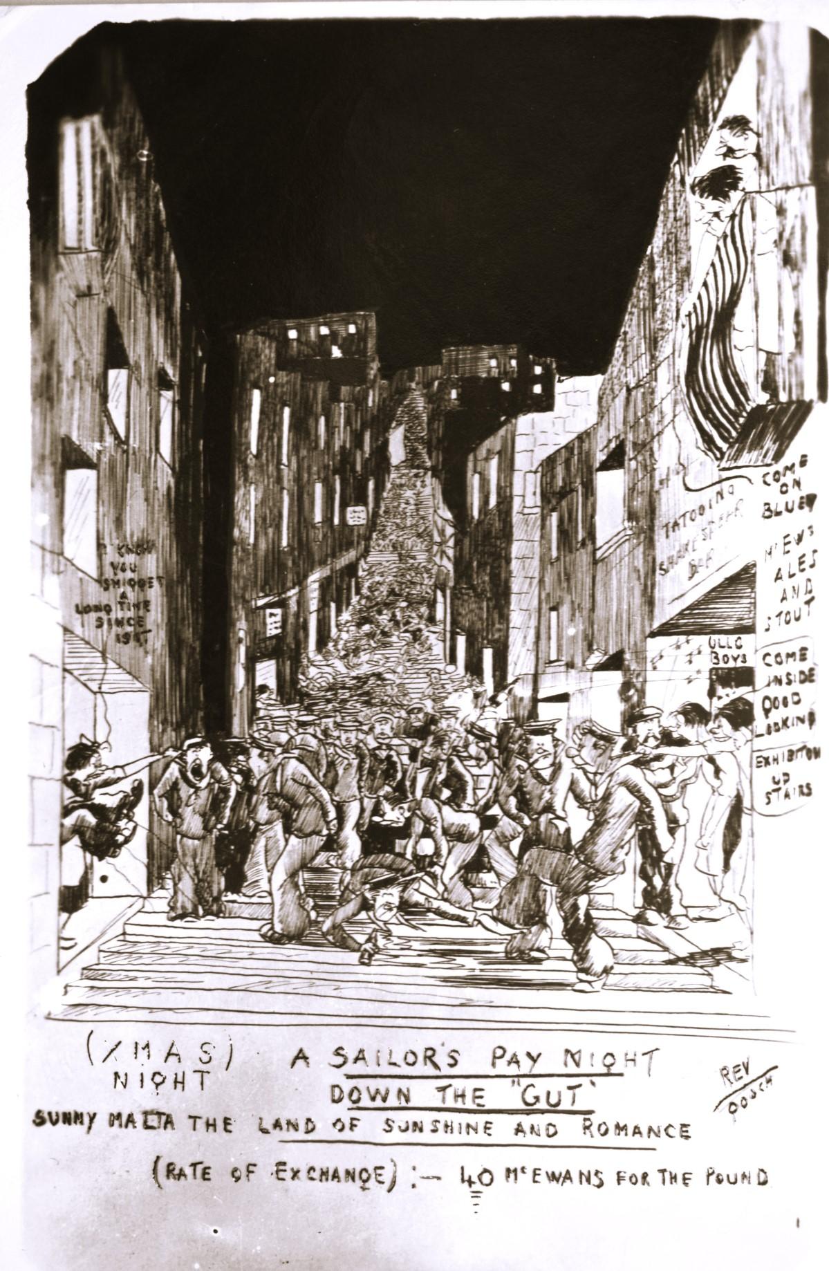 Pre-war satire postcard of the Gut on Christmas night. Signed Rev &ndash; said to be Reverend.