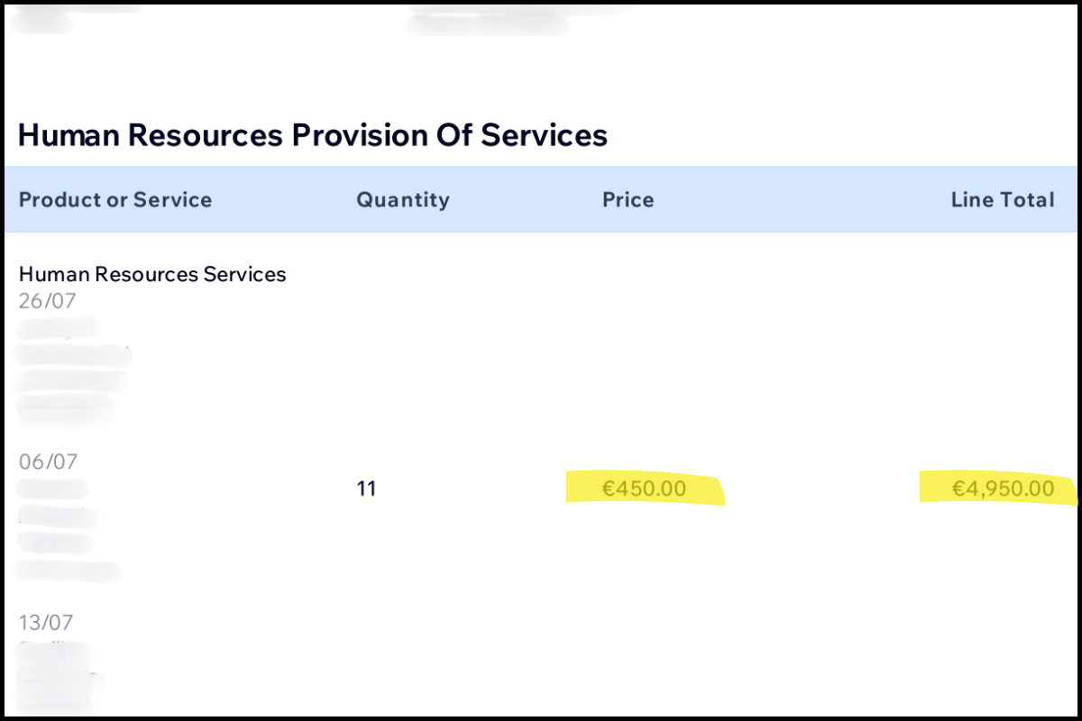 One invoice showing the due payments for 11 applicants. Each applicant paid a &euro;450 &ldquo;administrative&rdquo; fee.