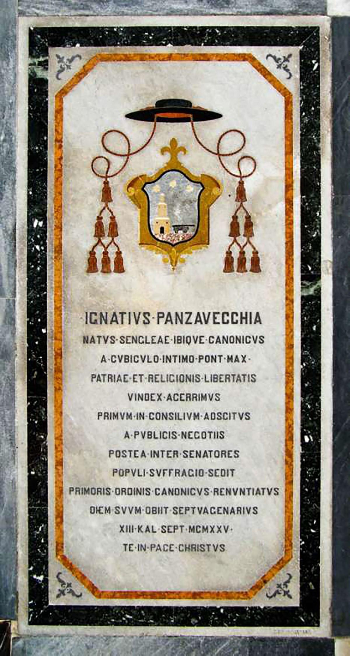The tomb slab and epitaph that covers Mgr Panzavecchia&rsquo;s grave at the Mdina cathedral.