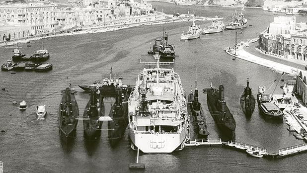 HMS Narvik and her six Royal Navy submarines sit in Msida Creek in 1960. Photo: Bay Retro
