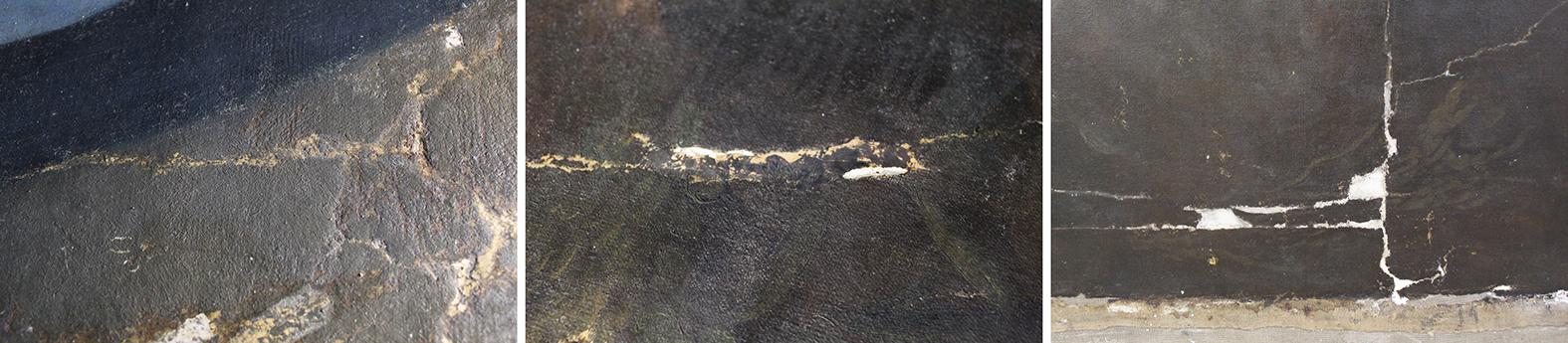 Various details showing the extensive damage and tears which the original canvas exhibited. Photo credit: ASC Conservation Centre Ltd.