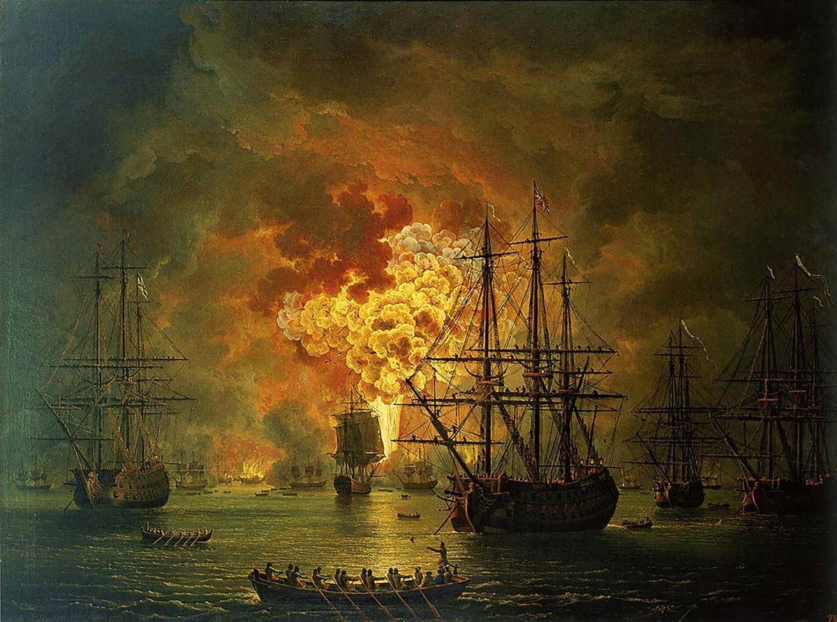 The Battle of Chesme on July 5-7, 1770, between the Russian and the Turkish fleets, by Jacob Philippe Hackert (1737-1807). Photo: Wikipedia.com