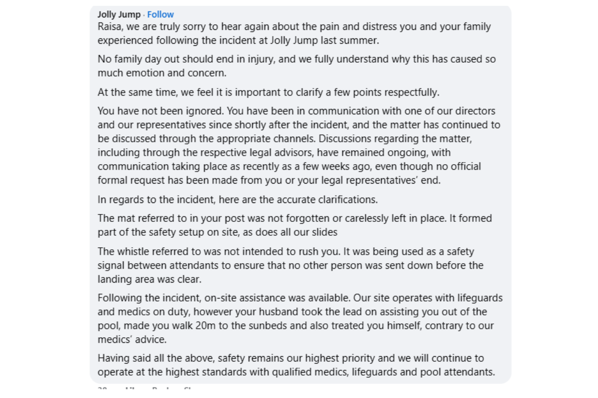 Jolly Jump's reaction to Raisa Vella's post. Photo: Facebook