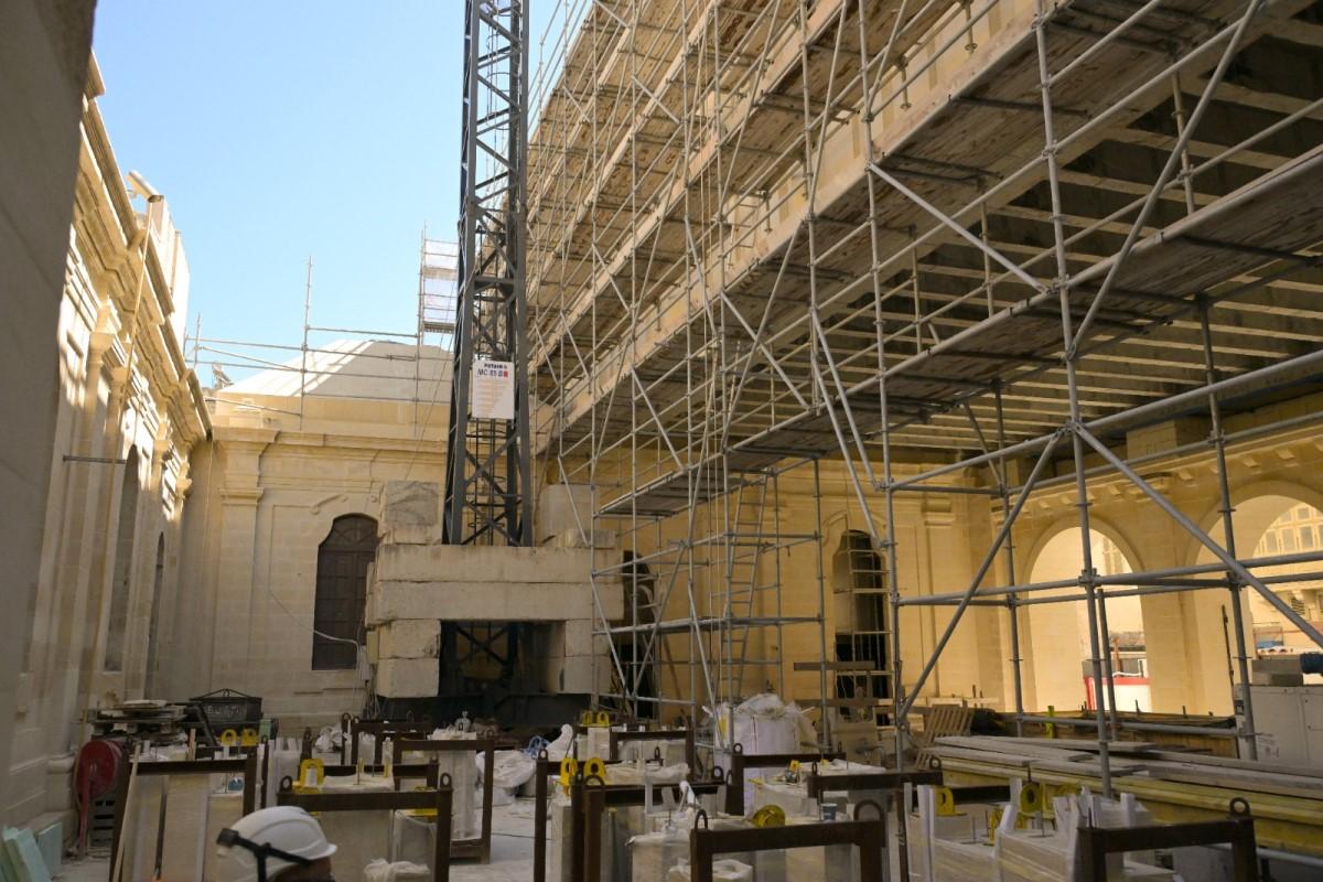 The courtyard with stone blocks waiting to be installed on the facade. Photos: Matthew Mirabelli