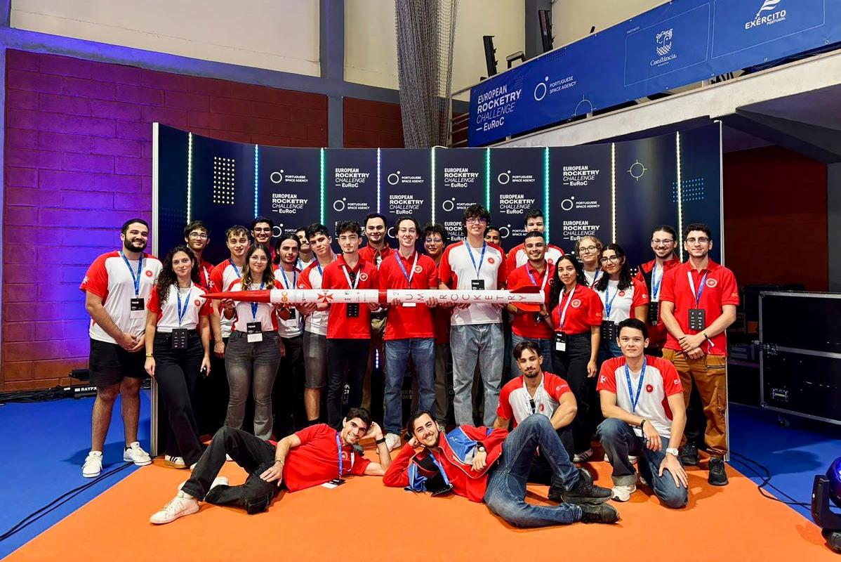 The team at EuRoC holding the rocket. Photos: University of Malta&rsquo;s Rocketry Team