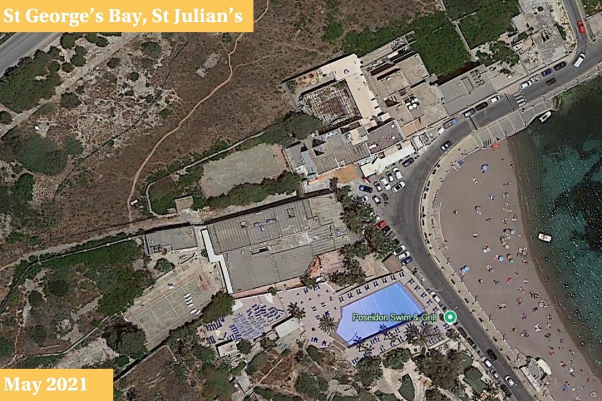 Slide right to compare.&nbsp; A pitch close to St George's Bay was replaced with padel and tennis courts. Photo: Google Earth.