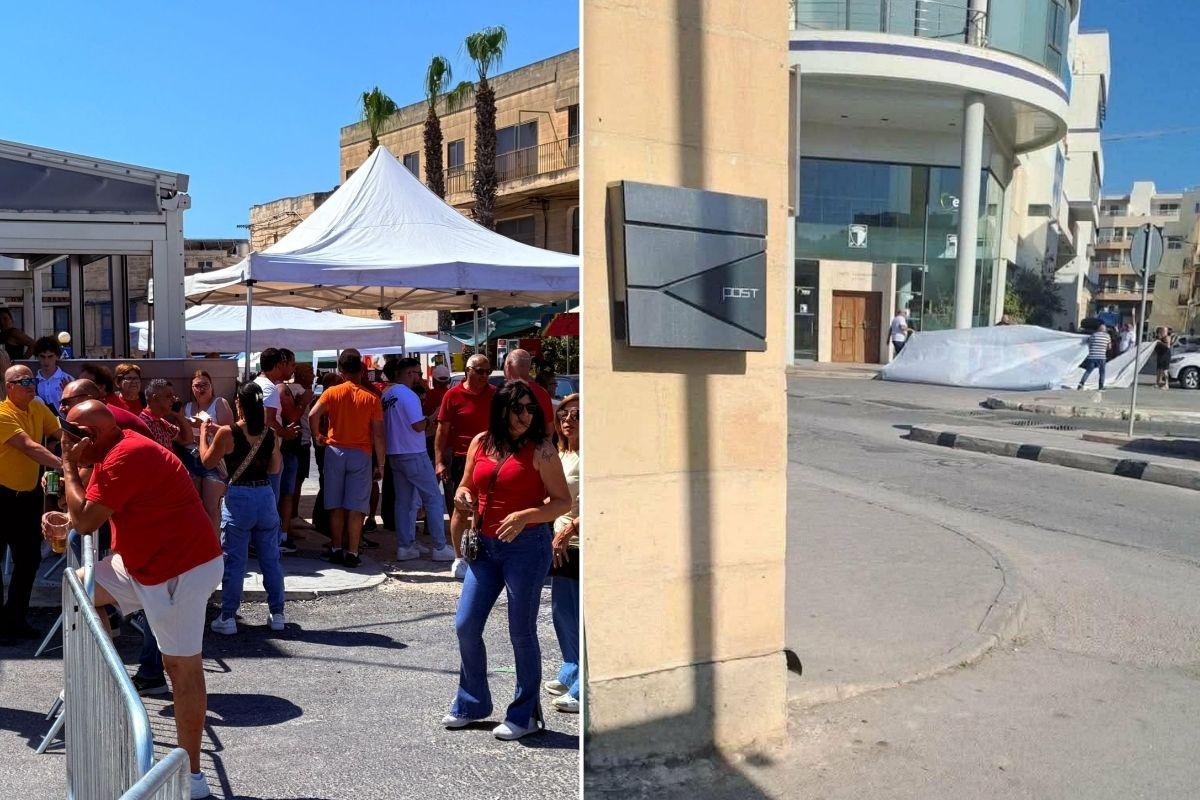 Labour supporters near party HQ; a banner is removed at PN headquarters.