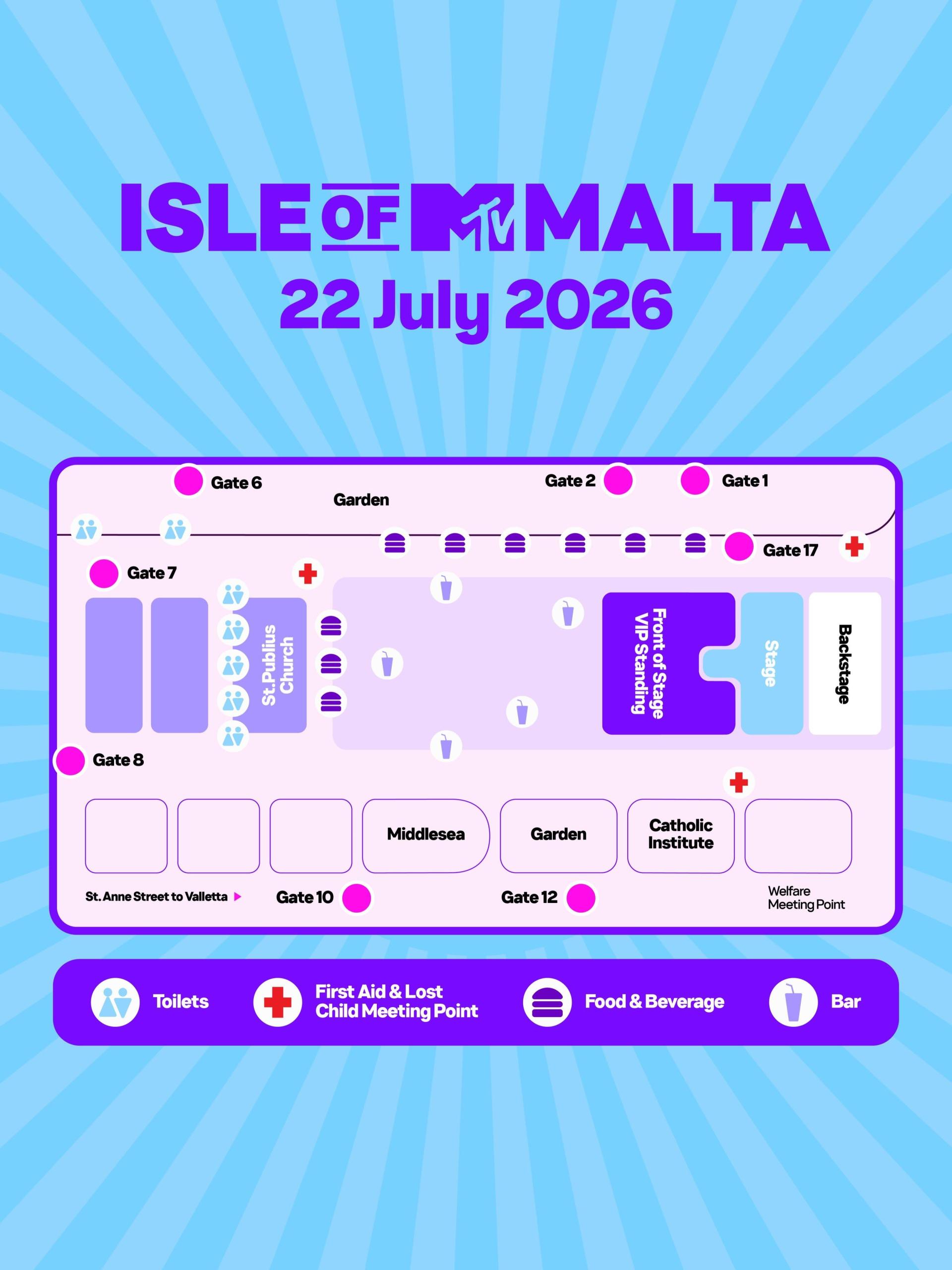 A map showing the entrances, food and drinks stands and first aid stand. Photo: Isle of MTV/Facebook