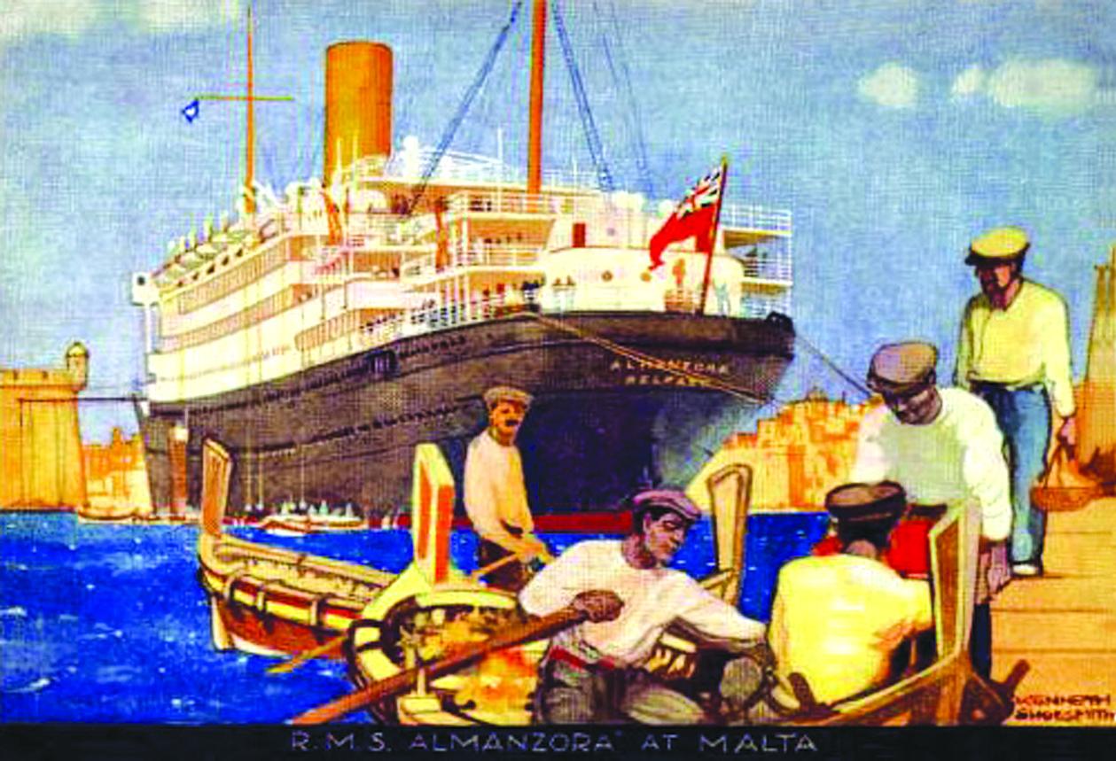 The cruise liner 'Almanzora' of the Royal Mail in Malta. Postcard by Kenneth Shoesmith
