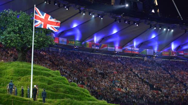 The Union Jack flies high at the Olympic Stadium during the opening ceremony.