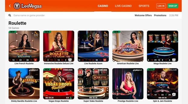 LeoVegas roulette section featuring live and themed roulette games with varying bet limits.