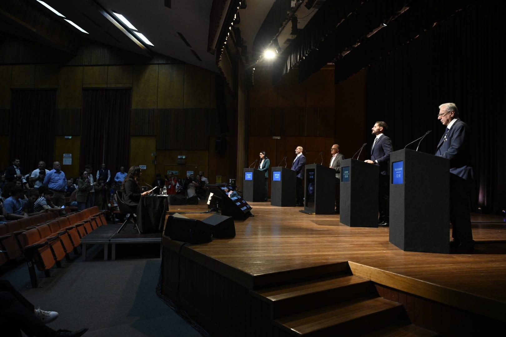 Five leaders took the stage at the University debate to make their pitch to students. Photo: Matthew Mirabelli