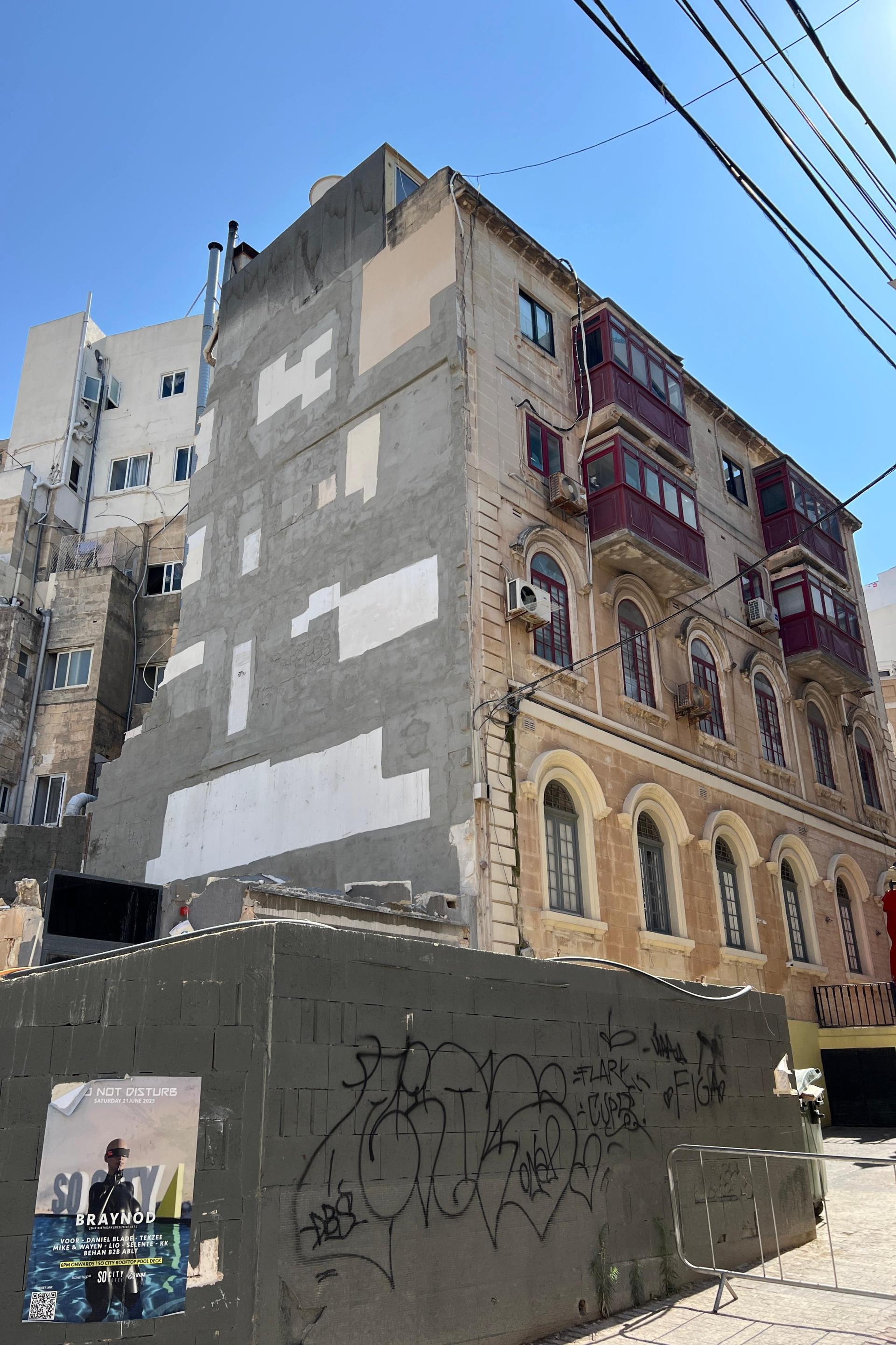 The BCA started reinforcement works to shore up this building in Paceville as it was deemed at risk. Photo: Chris Sant Fournier