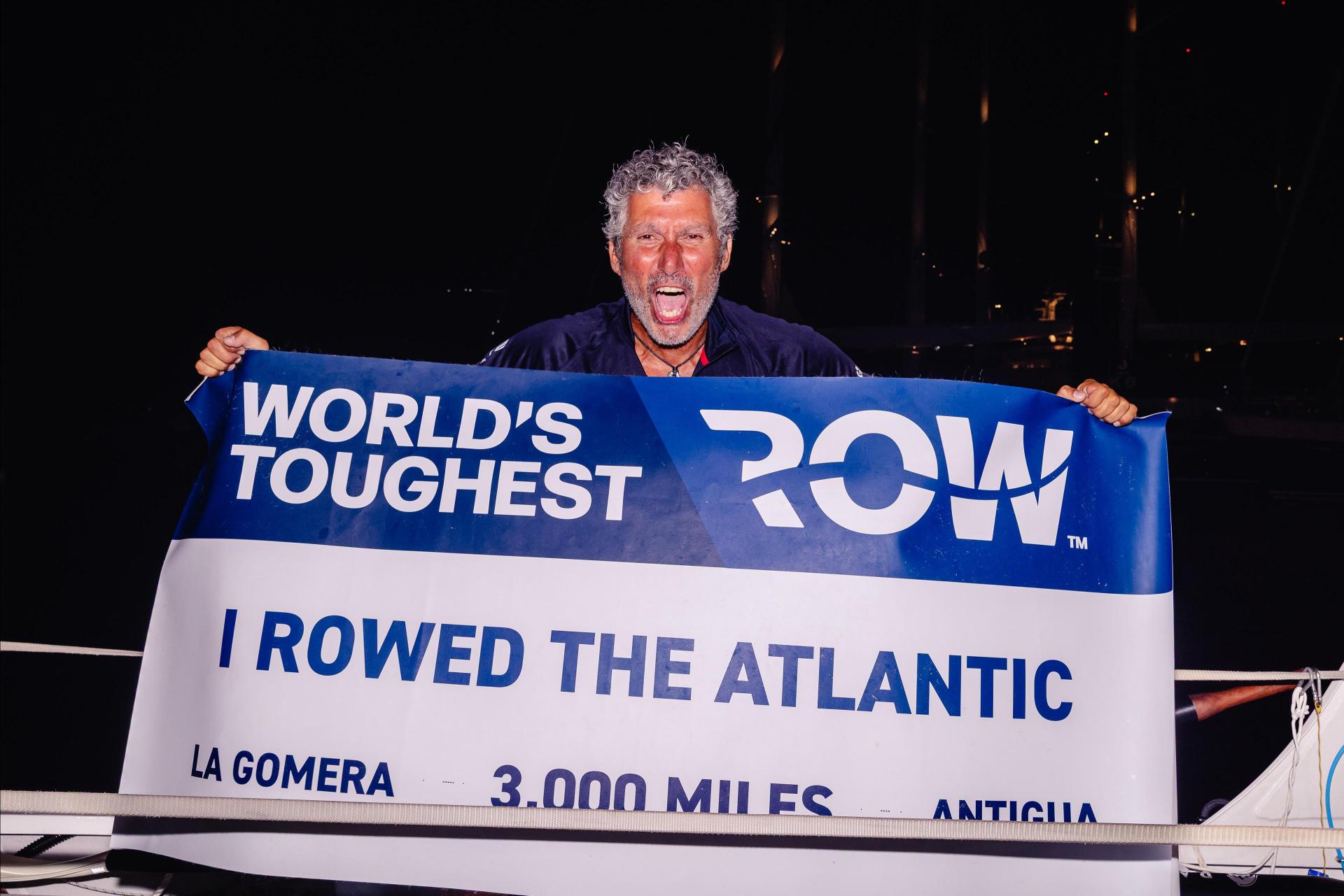 He rowed the Atlantic: Steve Chetcuti celebrates the end of his gruelling endeavour. Photo: World's Toughest Row