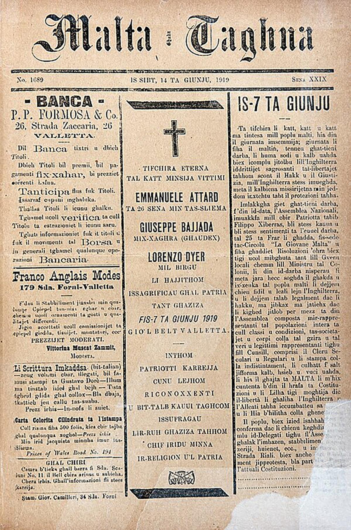 The front page of Malta Tagħna, June 14, 1919. Photo: National Library of Malta