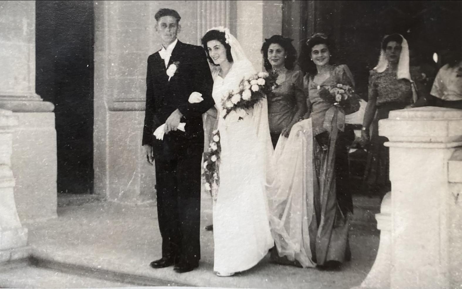 Jack and Kay Cussins, outside Stella Maris church, Sliema, August 26, 1945. The bridesmaids were Kay&rsquo;s sisters, Juliette and Adelina.