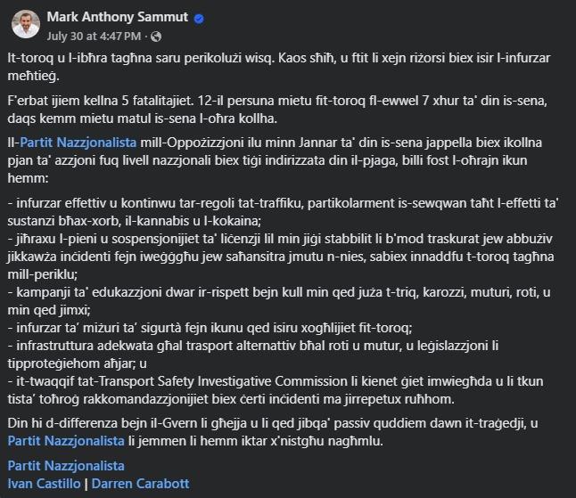 PN MP Mark Anthony Sammut's Facebook post on Wednesday. Photo: Facebook