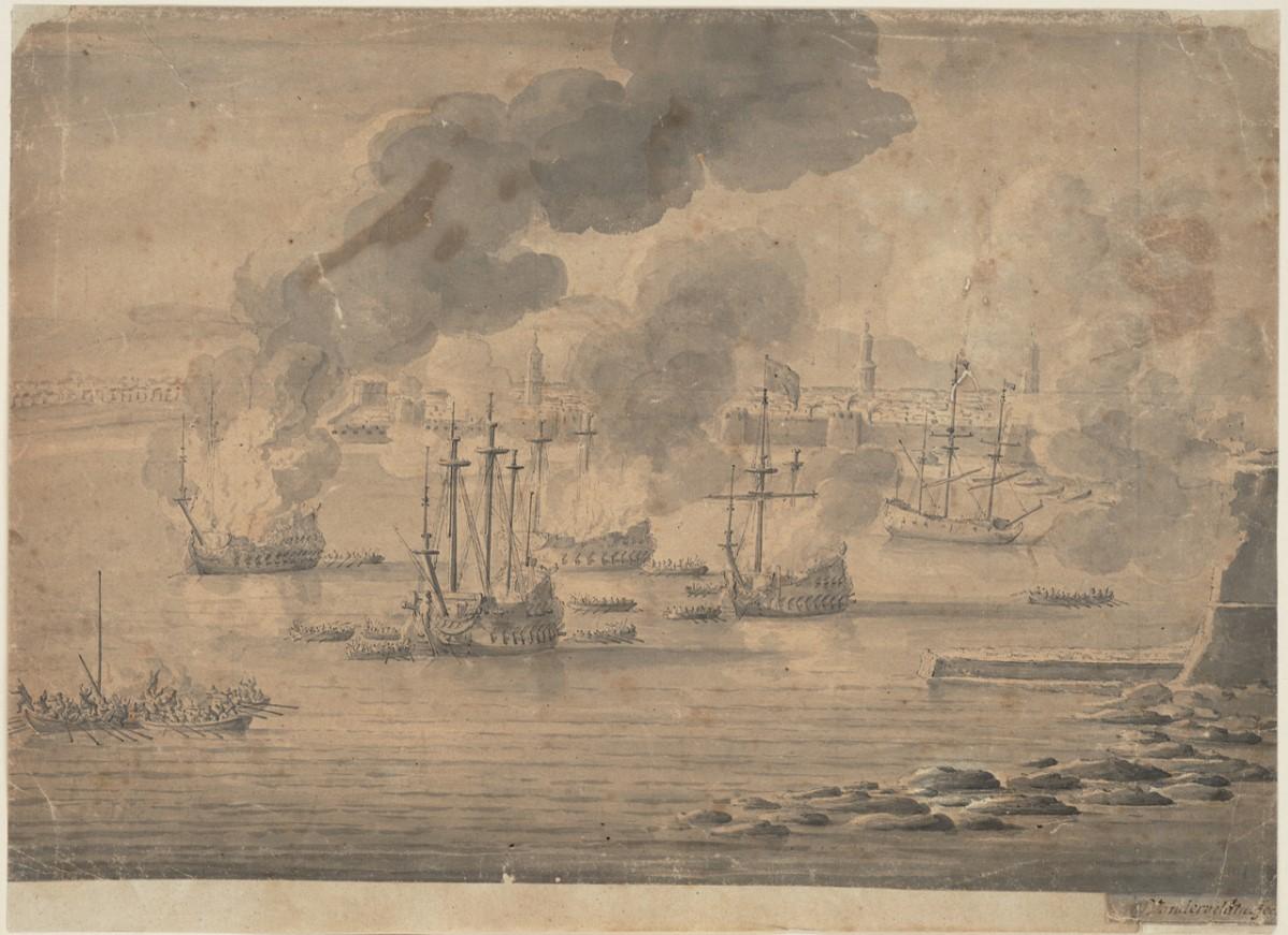 Willem van de Veled the Younger’s drawing Sir John Narborough burns four ships at Tripoli, 14-24 January 1676. National Maritime Museum, Greenwich.