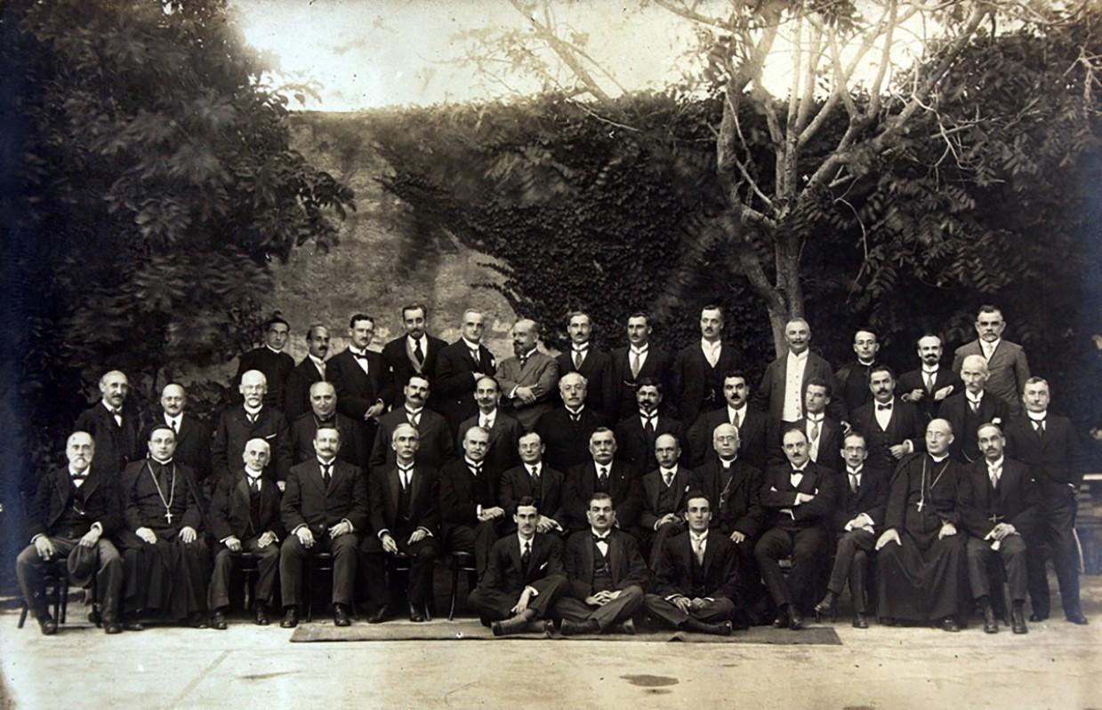 A photo taken at the Palace, Valletta, showing all the members of the Legistative Assembly and of the Senate elected after the 1921 elections. Mgr Panzavecchia is seen seated, front row, second from the right.
