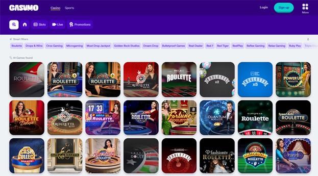 Casumo casino lobby displaying a grid of diverse online roulette games with smart filters.