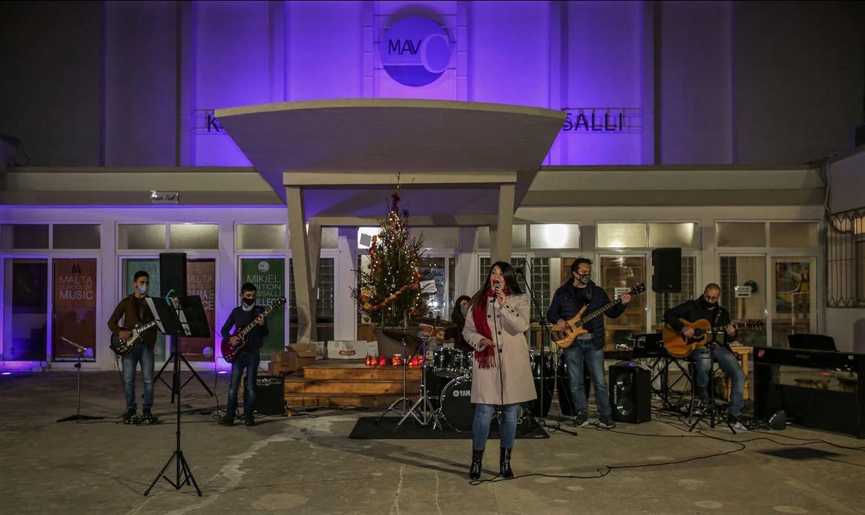 Students performing in front of the school&rsquo;s new premises at Mikiel Anton Vassalli College, Ħamrun, during the COVID pandemic.