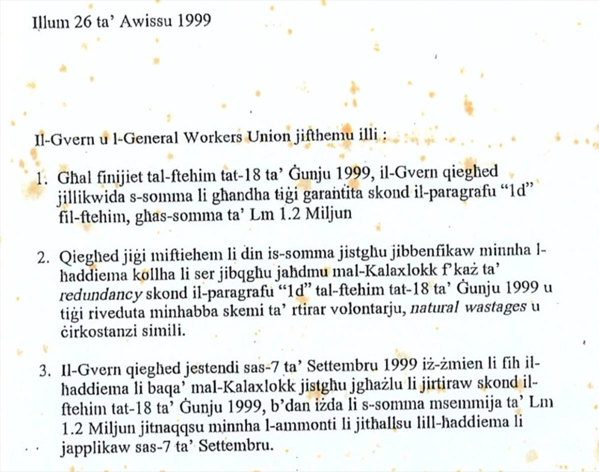 An extract of the agreement through which the government and the GWU set up the guaranteed redundancy fund in 1999.