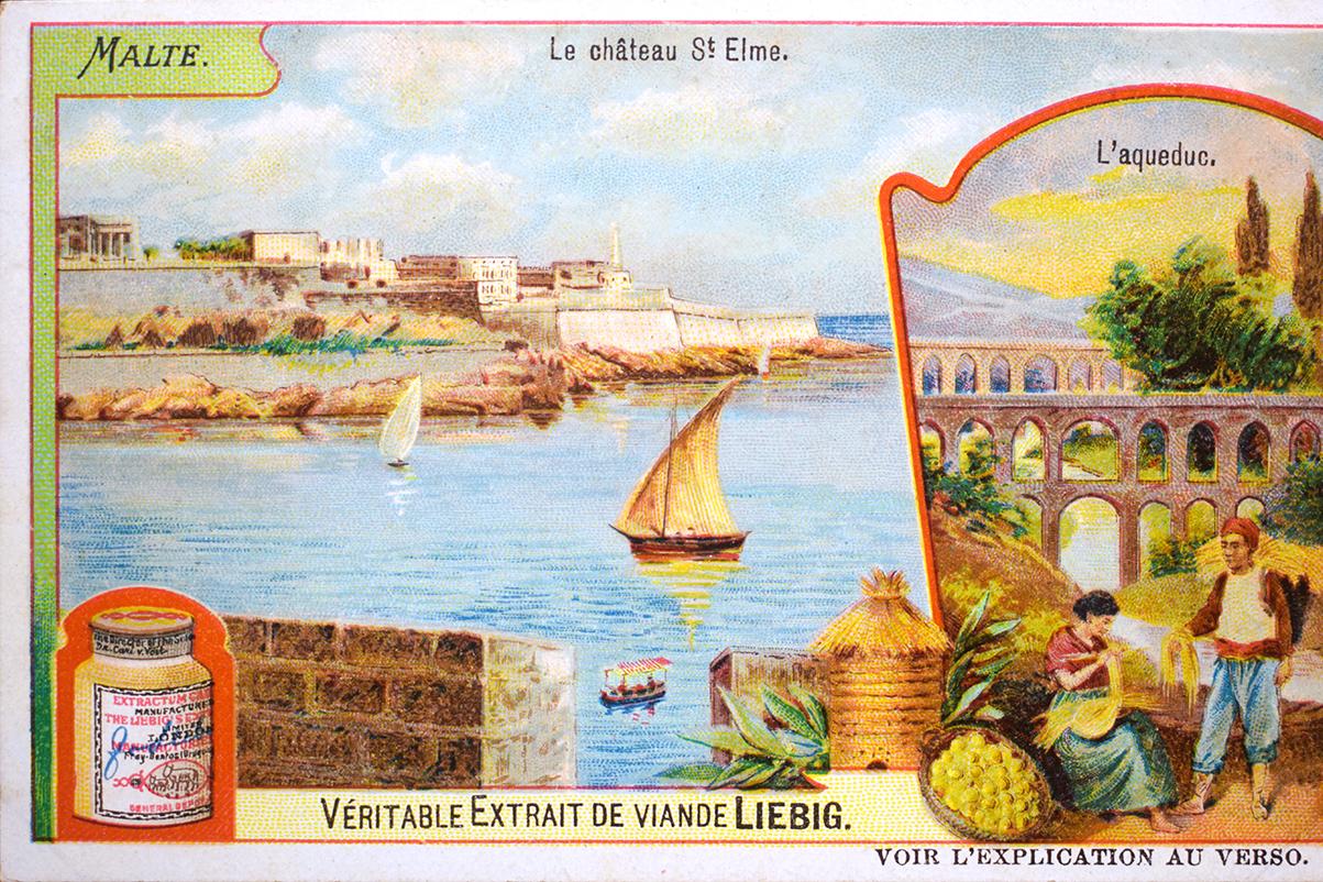 One of six Malta trade cards issued to promote Liebig meat extract.