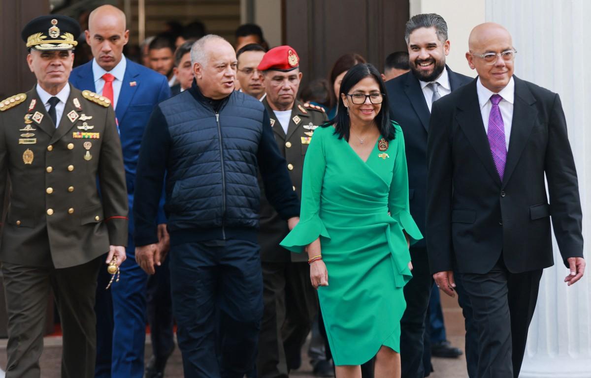 Venezuela's interim President Delcy Rodriguez (C-R); Venezuela's defense minister, Vladimir Padrino Lopez (L); Venezuela's minister of interior, Diosdado Cabello (C-L); and Venezuela's National Assembly president, Jorge Rodriguez (R),